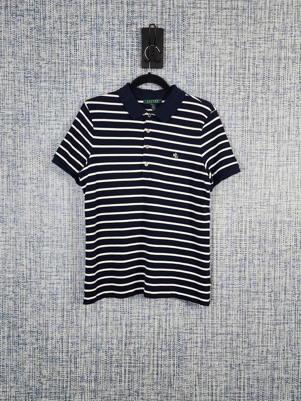 Lauren Ralph Lauren Navy Blue White Striped Polo Shirt Large